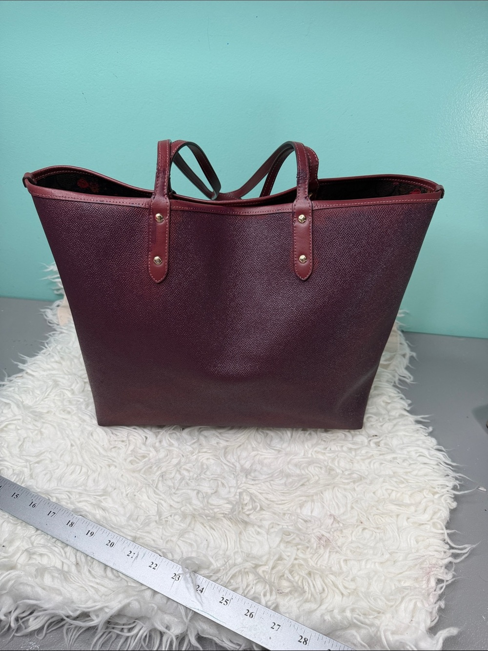 Coach Large Wine Red Leather Tote with Floral Lining - Picture 3 of 15